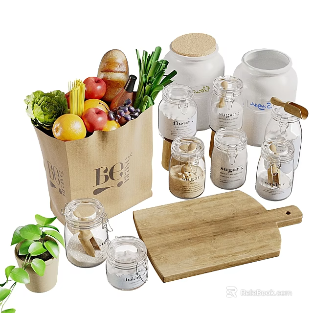 Fresh Food in Brown Paper Bag with Vegetables Fruits Bread Jars and Wooden Cutting Board 3d model 