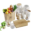 Fresh Food in Brown Paper Bag with Vegetables Fruits Bread Jars and Wooden Cutting Board