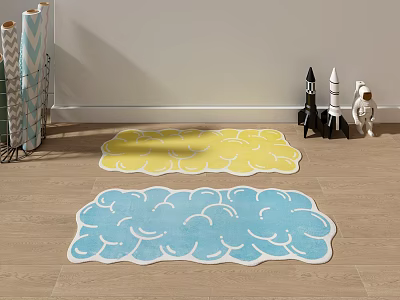 Kids Room Interior With Soft Cloud Shaped Yellow And Blue Rugs And Rocket Toys 3d model