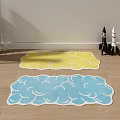 Kids Room Interior With Soft Cloud Shaped Yellow And Blue Rugs And Rocket Toys