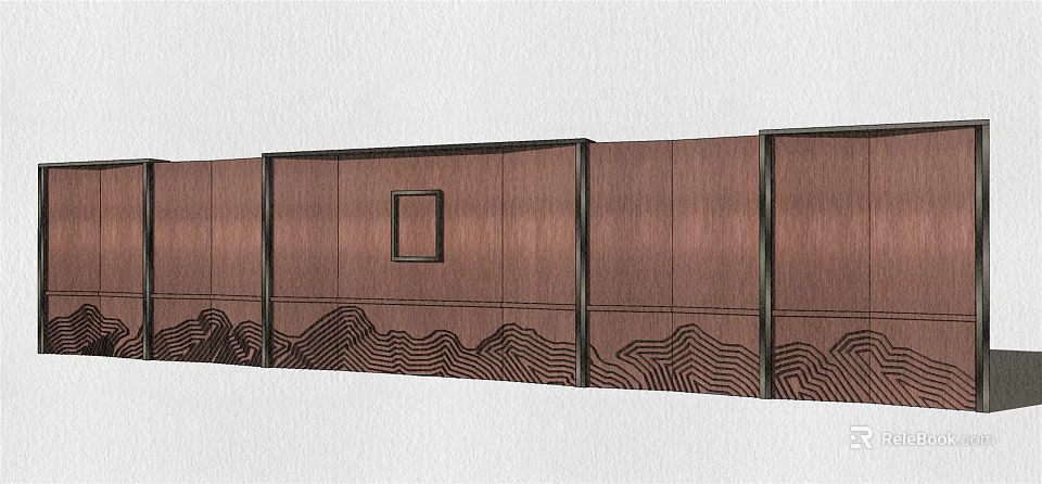 Wooden Feature Wall Design With Wavy Patterns And Square Decorative Panel 3d model