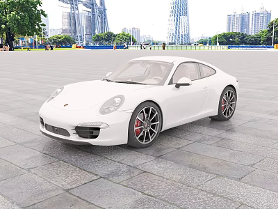 White Porsche Sports Car Parked On Stone Pavement Plaza With Tall Buildings And Trees 3d model