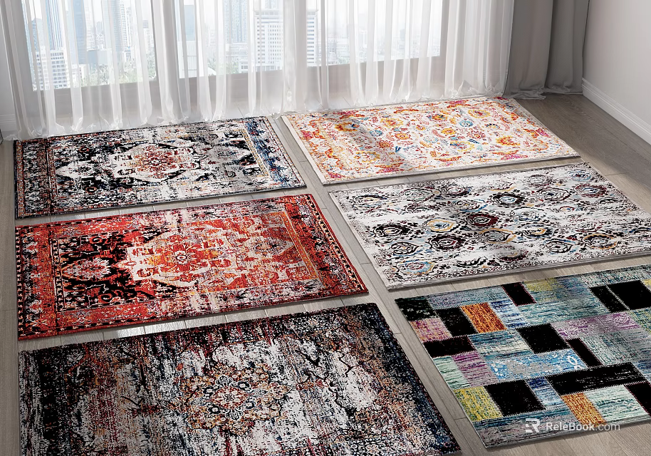 Square Rugs With Various Patterns And Colors In Living Room 3d model