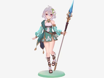 Game Movie Character Silver Hair Purple Eyes Green White Outfit Holding Long Staff Blue Tip 3d model