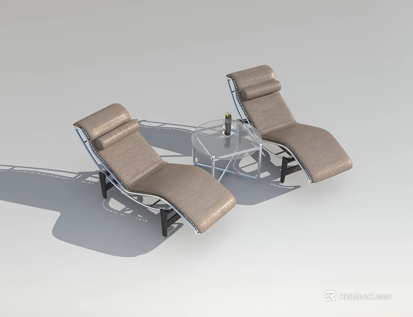 Pair of Modern Upholstered Lounge Chairs With Metallic Frame And Glass Side Table 3d model 