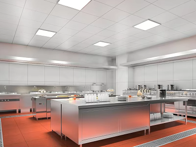 Commercial Kitchen Interior With Stainless Steel Worktables White Cabinets Ceiling Lights And Red Tile Flooring 3d model