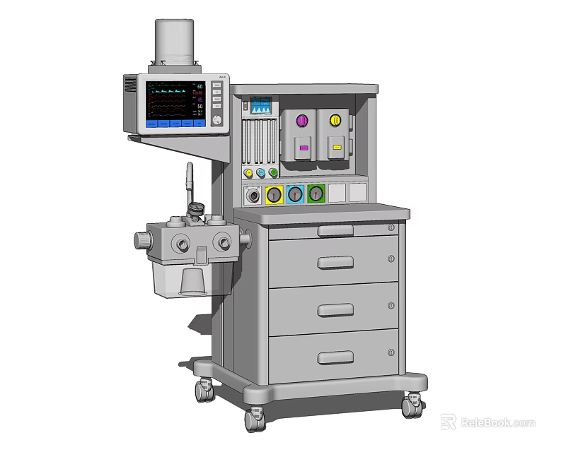 Medical Equipment Cart With Display Screen Control Buttons Drawers And Wheels 3d model 