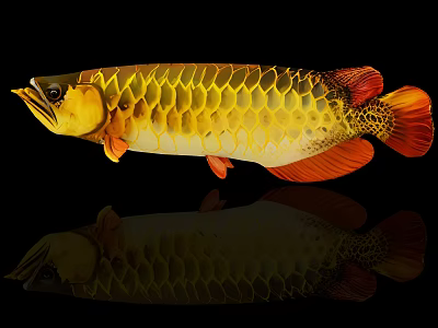 Aquatic Animal Golden Arowana with Shiny Scales Red Fins Tail on Black Background and Reflection 3d model