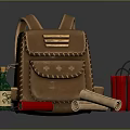 Brown Leather Backpack with Firecrackers Scrolls and Green Bottle on Dark Surface 3d model