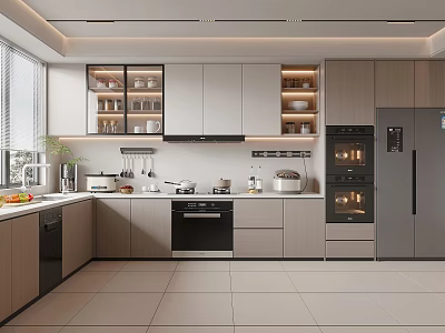Modern Kitchen Interior Design With Light Wood Cabinets Glass Display Shelves And Stainless Steel Appliances 3d model