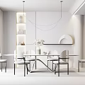 Modern Dining Set With White Table Brown Chairs Hanging Lights And Decorations 3d model
