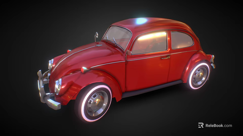 Red Vintage Beetle Car with Illuminated Wheels and Classic Body Design 3d model 