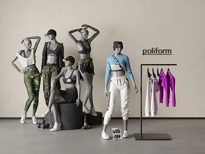 Poliform Fashion Models In Various Poses With Stylish Outfits And Clothes Rack 3d model