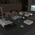 Modern Luxury Sofa Coffee Table Set with Fireplace Floor to Ceiling Windows and Blinds