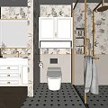 Elegant Bathroom Interior With Floral Wallpaper Gold Shower Fixtures And Black White Checkered Tiles