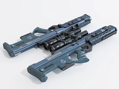 Modern Blue Tactical Firearms With Scopes And Accessories On White Background 3d model
