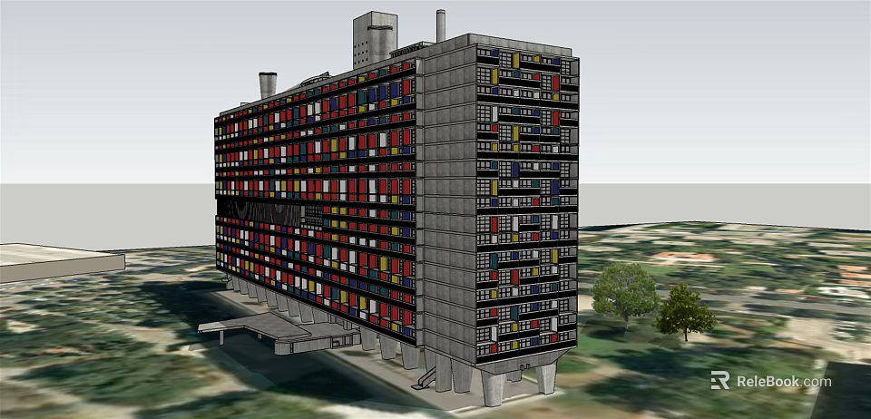 Modern Modular High Rise Building With Colorful Facade Chimneys And Surrounding Trees 3d model 