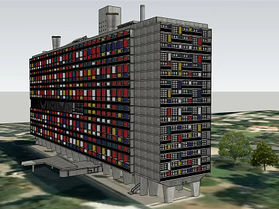 Modern Modular High Rise Building With Colorful Facade Chimneys And Surrounding Trees 3d model