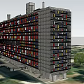Modern Modular High Rise Building With Colorful Facade Chimneys And Surrounding Trees