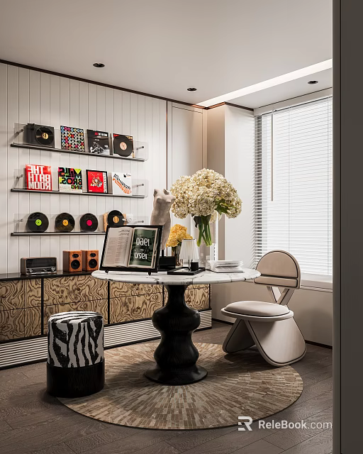 Stylish Interior Space With Vinyl Records Bookshelf Open Book White Bouquet And Zebra Stool 3d model 