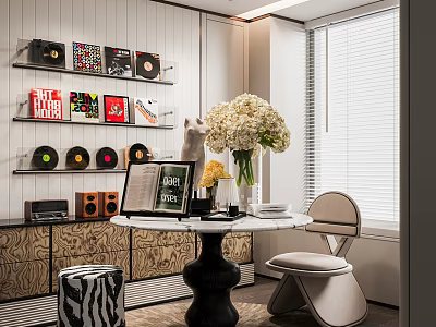 Stylish Interior Space With Vinyl Records Bookshelf Open Book White Bouquet And Zebra Stool 3d model