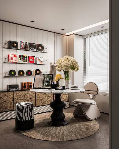 Stylish Interior Space With Vinyl Records Bookshelf Open Book White Bouquet And Zebra Stool 3d model