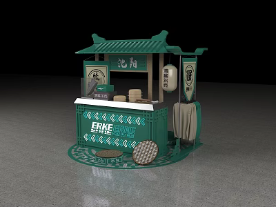 Traditional Chinese Window Display Decoration With Green Kiosk Classical Roof And Tea Elements 3d model