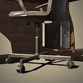 Curved Wooden Office Desk With Drawers Computer Monitor Keyboard Lamp And Black Chair