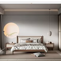 Minimalist Bedroom Interior Design With Wooden Bed Circular Wall Decor And Pendant Light