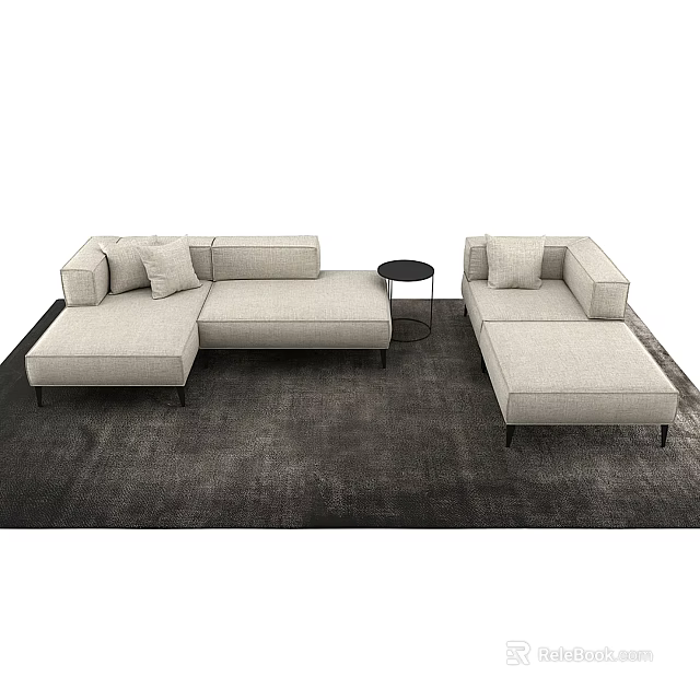 Modern Light Colored Modular Sofa Coffee Table Set with Black Round Table and Dark Carpet 3d model