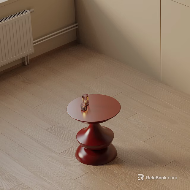 Red Round Side Table with Three Tier Spiral Base on Wooden Floor 3d model 