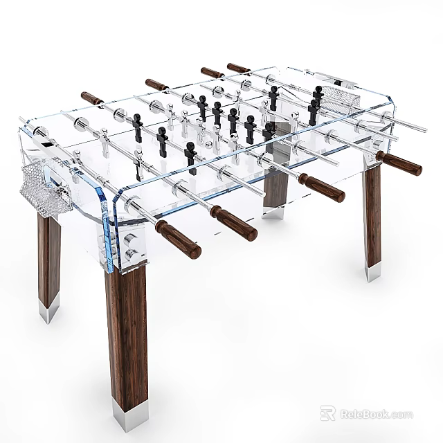 Transparent Foosball Table With Wooden Handles And Legs 3d model 