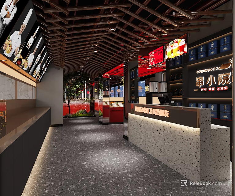 Stylish Hotpot Restaurant Interior With Wooden Ceiling Digital Screens Reception Counter And Green Plants 3d model 