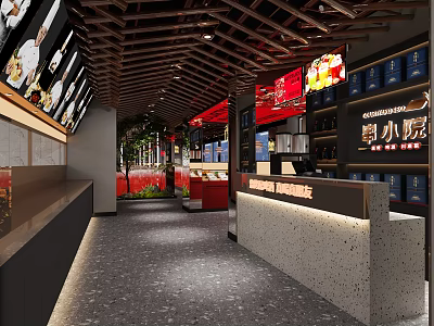 Stylish Hotpot Restaurant Interior With Wooden Ceiling Digital Screens Reception Counter And Green Plants 3d model