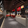 Stylish Hotpot Restaurant Interior With Wooden Ceiling Digital Screens Reception Counter And Green Plants