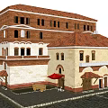 Traditional Red Brick Multi Story Building With Red Tile Roof Arched Windows And Wooden Accents