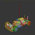 Detailed Golden Car Model With Mechanical Structure Antenna Reflective Wheels On Dark Background