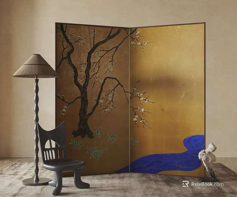 Traditional Gold Screen With Plum Blossom Tree Design And Interior Decor Elements 3d model 