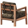 Modern Accent Chair With Walnut Wood Frame And Dark Gold Patterned Upholstery