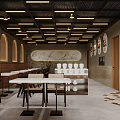 Shandong Style Braised Chicken Rice Restaurant Interior With Wooden Tables Hanging Lamps And Menu