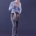 Woman Holding Brown Handbag With Patterned Interior Wearing Blue Shirt And Gray Pants Against Purple Background