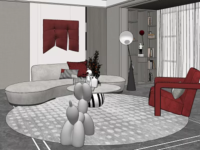 Modern Living Room Sofa and Coffee Table Set with Red Accent Chair Floor Lamp and Round Rug 3d model