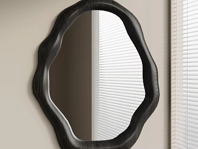 Unique Irregular Shaped Black Wooden Frame Mirror With Blinds Reflection On Light Wall 3d model