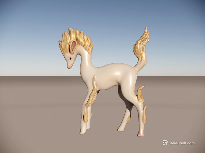 Artistic White Horse Sculpture With Golden Mane And Flowing Tail Details 3d model 