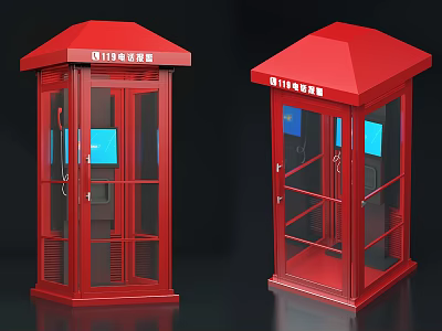 Red Self Service Phone Booths Public Facility With Glass Windows And Red Roof 3d model