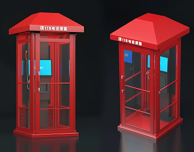 Red Self Service Phone Booths Public Facility With Glass Windows And Red Roof 3d model