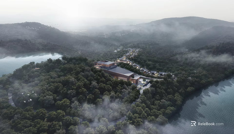 Modern Hotel Building in Lush Forest Surrounded by Mountainous Landscape and Lake with Misty Atmosphere 3d model 