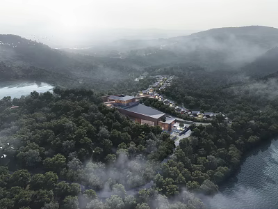 Modern Hotel Building in Lush Forest Surrounded by Mountainous Landscape and Lake with Misty Atmosphere 3d model