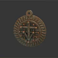 Intricate Bronze Circular Sculpture Carving Featuring Cross Pattern Top Loop And Radiated Edges
