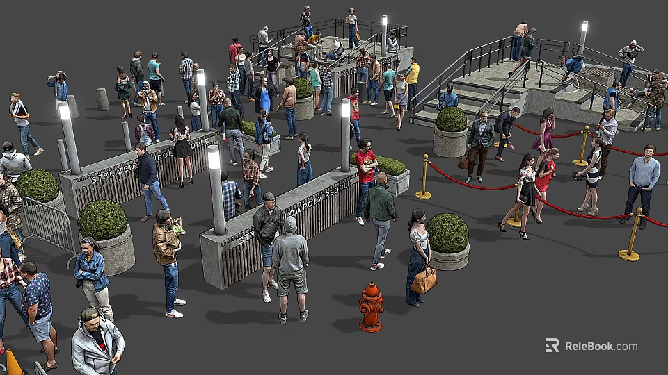 People Gathering In Outdoor Public Area With Stairs Railings Street Lamps Bushes And Fire Hydrant 3d model 